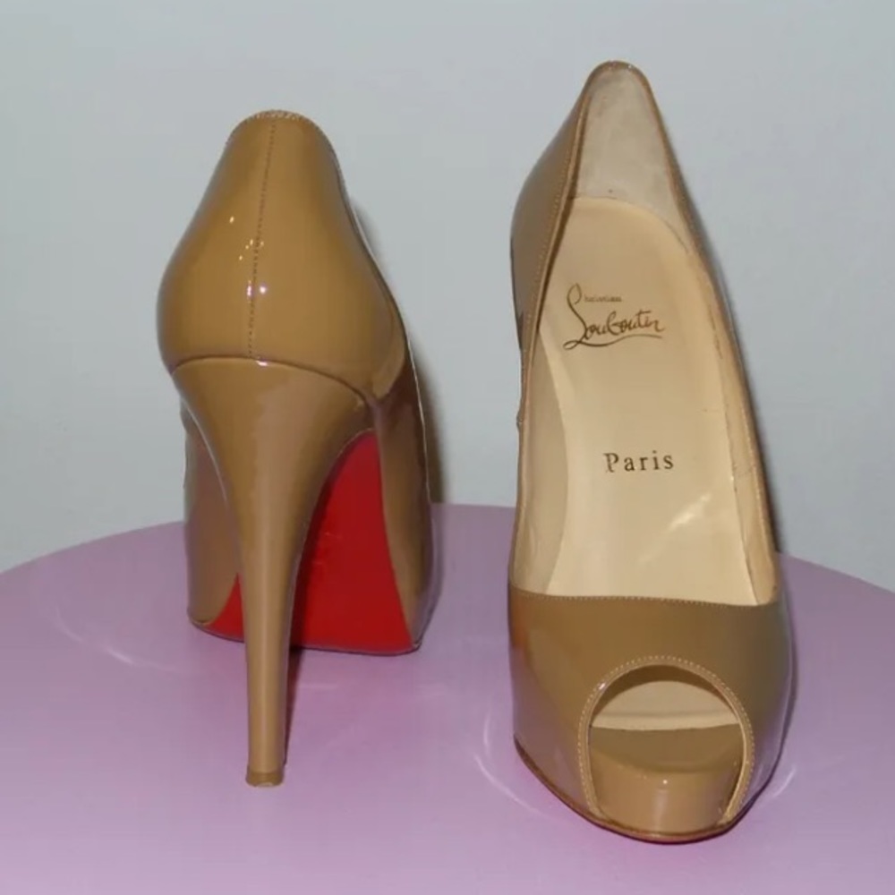 Christian Louboutin Nude Patent Peep-Toe Pumps with Signature Red Soles
